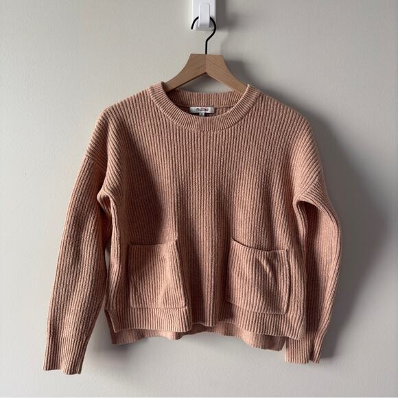 Madewell Soft Pink Crewneck Sweater high low hem slit long sleeve front pockets - Picture 9 of 9